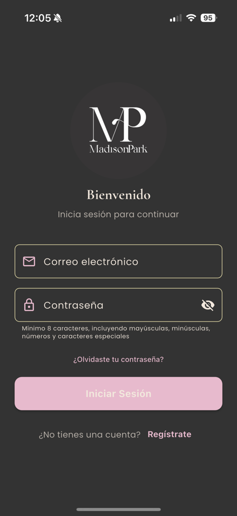 Madison Park wedding planner app login screen