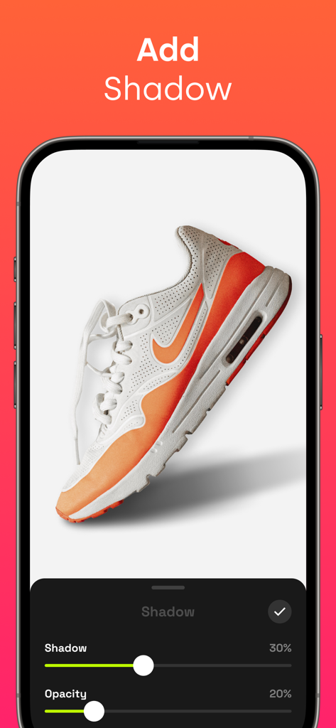Background Eraser AI - A smartphone displaying the Background Eraser AI app interface where a drop shadow is being added to a sneaker for a professional e-commerce product photo.