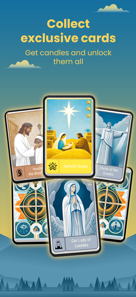 Faith Daily Growth app screen showing a collection of exclusive digital cards with biblical illustrations like the Nativity and Our Lady of Lourdes