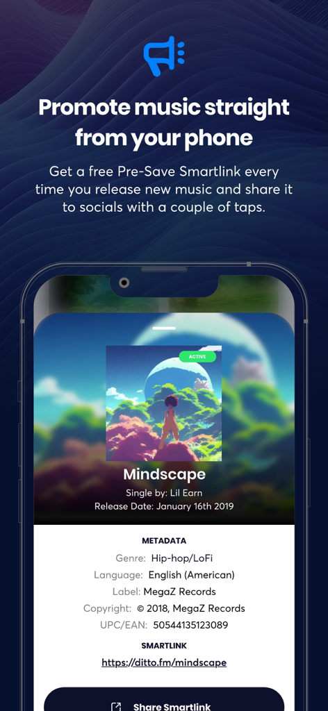 Ditto Music - Ditto Music app interface displaying a Pre-Save Smartlink for an independent song release.
