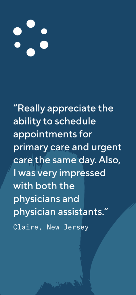 User testimonial from Claire in New Jersey praising same-day primary and urgent care appointments on the Carbon Health app