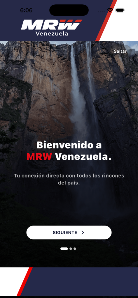Welcome screen of the MRW Movil app for shipping in Venezuela featuring a waterfall background