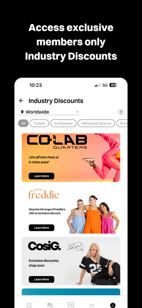 Industry Auditions - Schermata dell'app mobile Industry Auditions che mostra sconti esclusivi per i membri per abbigliamento sportivo e spazi per le prove