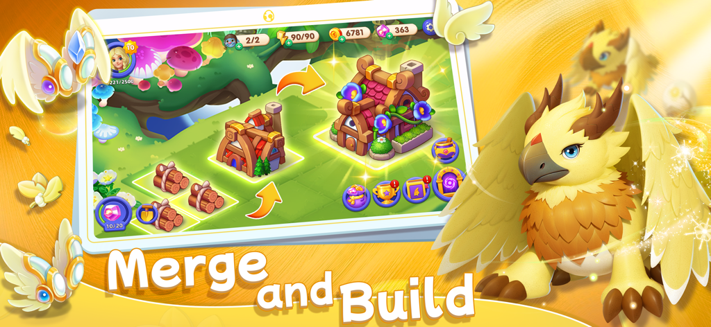 Merge Legends - A griffin stands next to a screen showing the merge and build mechanic in Merge Legends.