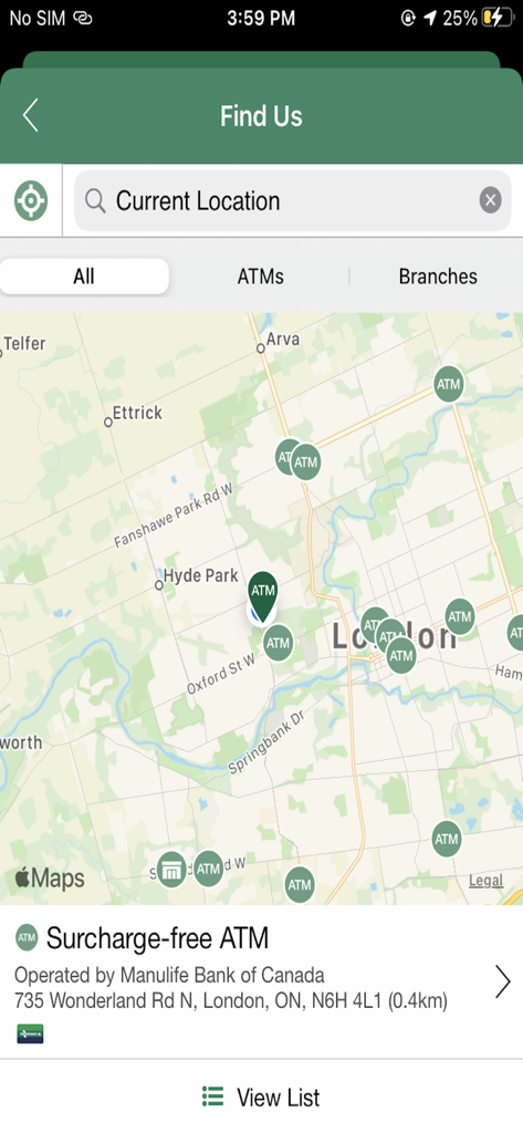 Um mapa mostrando agências YNCU e locais de caixas eletrônicos sem taxa no aplicativo de mobile banking.