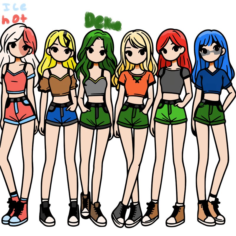 a group of girls wearing crop tops and shorts