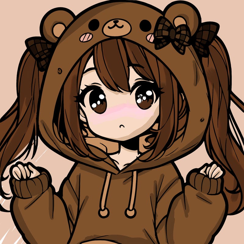 cute anime girl with ponytails and a cute bear hoodie