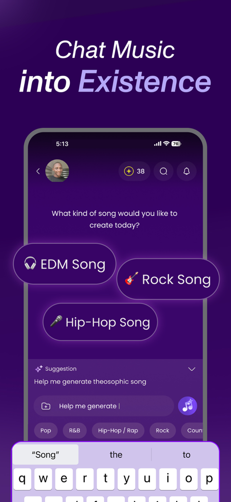 Song GPT AI Song & Music Maker - A mobile interface of the Song GPT app showing the chat to create music feature with genre options like EDM and Rock