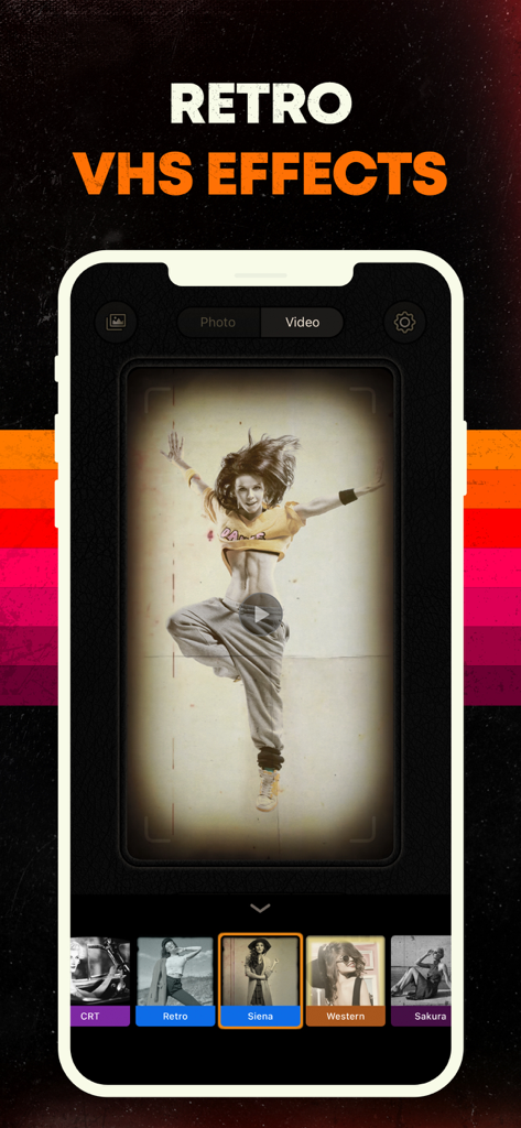 Vintage Camera & Retro Filters - Smartphone-Bildschirm, der Retro-VHS-Videoeffekte und Vintage-Filter anzeigt