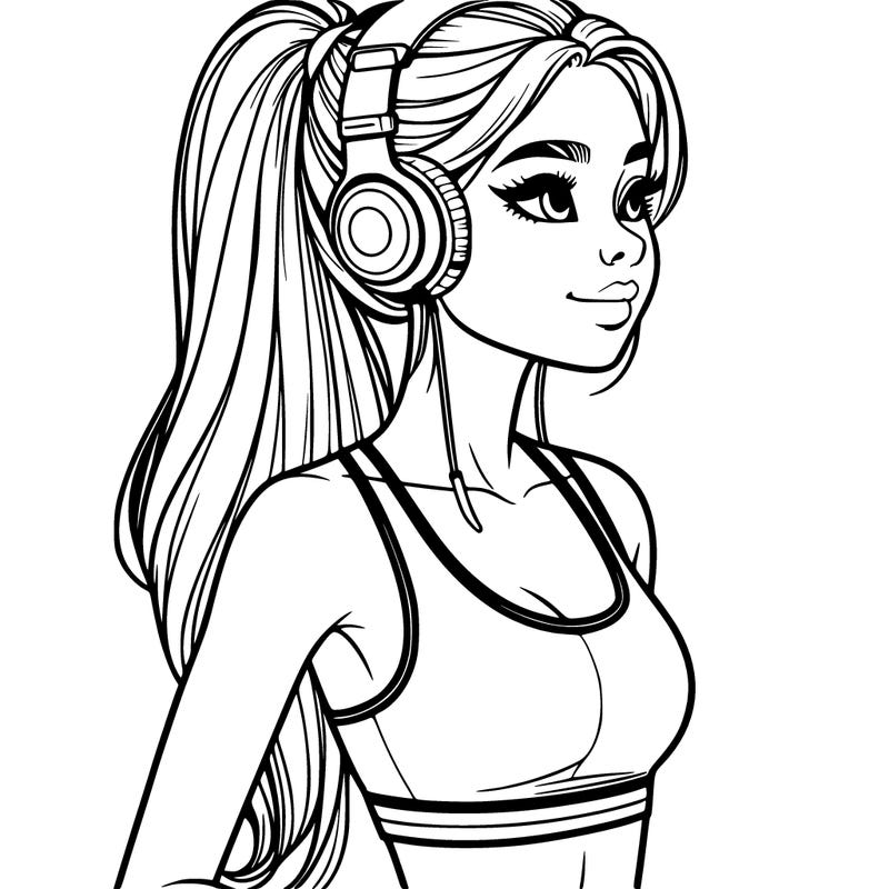 realistic tall and fit teenage girl wearing headphones around neck