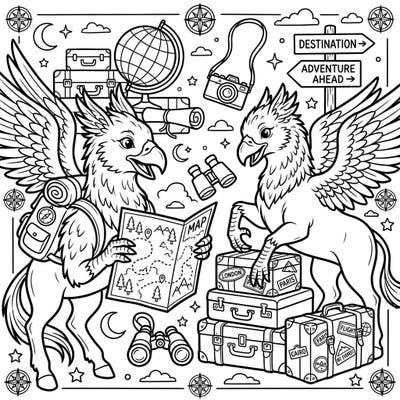 Get ready for adventure with our Hippogriffs on Vacation coloring page! Join these magnificent mythical creatures as they explore new destinations, complete with maps, suitcases, and exciting travel gear.