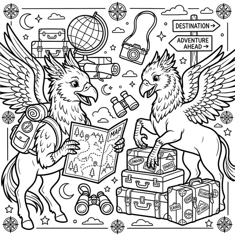 Get ready for adventure with our Hippogriffs on Vacation coloring page! Join these magnificent mythical creatures as they explore new destinations, complete with maps, suitcases, and exciting travel gear.
