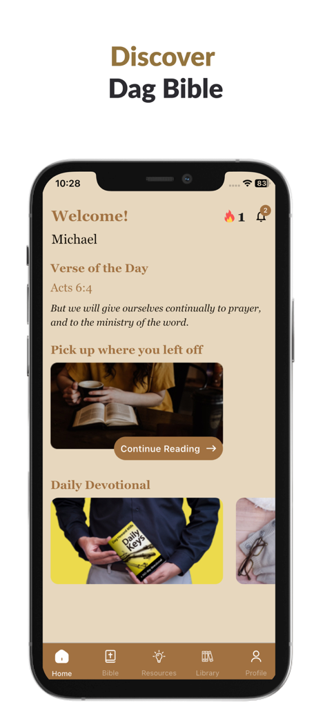 Dag Bible - Pantalla de inicio de la aplicación Biblia Dag que muestra el versículo y la sección de devocional diario