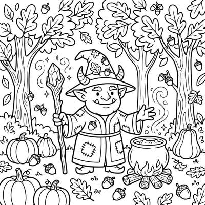 Dive into a magical autumn forest with this delightful coloring page featuring a friendly Orc Warlock. Kids will love bringing this enchanting scene of spells, pumpkins, and falling leaves to life with their favorite colors.