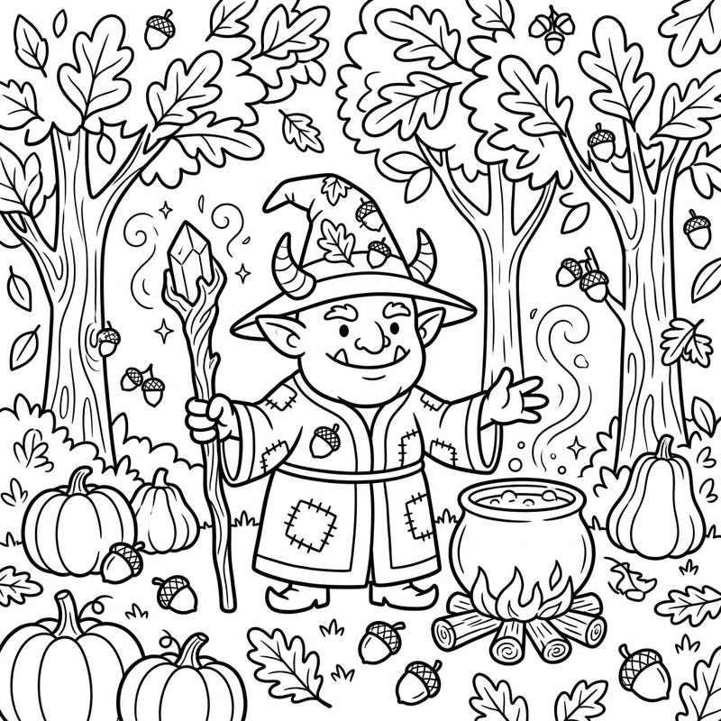 Dive into a magical autumn forest with this delightful coloring page featuring a friendly Orc Warlock. Kids will love bringing this enchanting scene of spells, pumpkins, and falling leaves to life with their favorite colors.