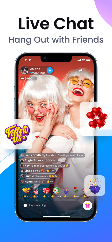 Plamfy: Watch Streams&Go Live - Plamfy mobile app showing a live video stream with real time chat and virtual gifts