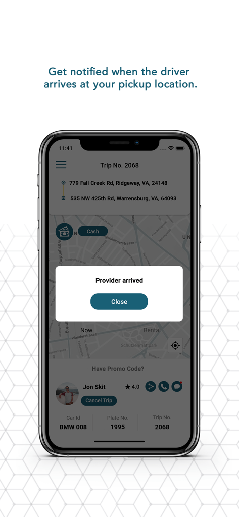 여행 세부 정보 및 운전자 정보와 함께 지도에 제공자 도착 알림을 보여주는 조옌다 고객 모바일 앱 인터페이스