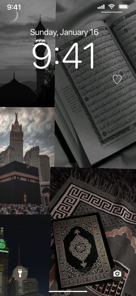 Islamic wallpaper 4K - iPhone lock screen displaying a high-quality collage of Islamic imagery including the Quran, Kaaba, and a mosque minaret