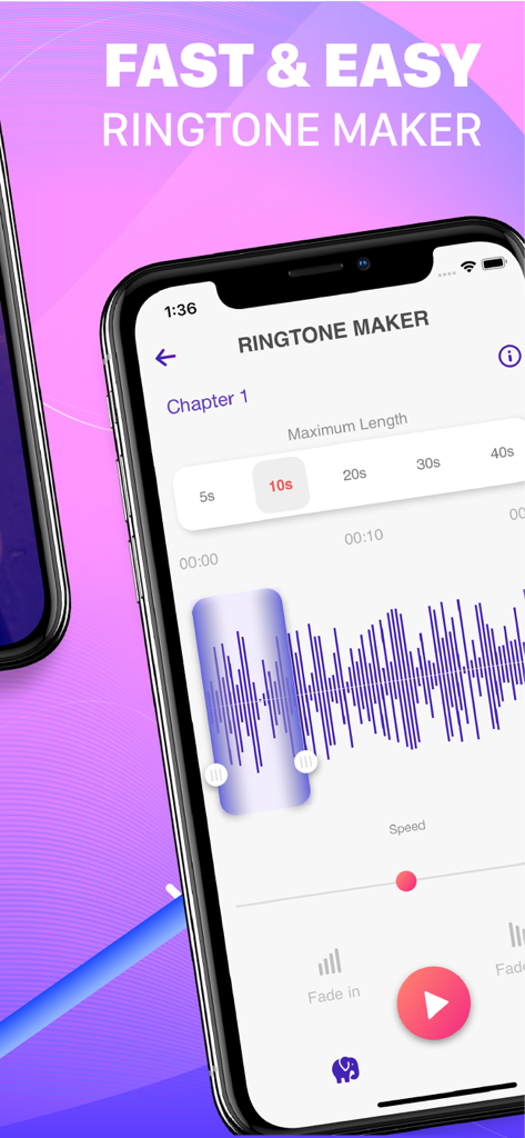 Make Ringtones for iPhone app editor showing audio waveform and custom length settings