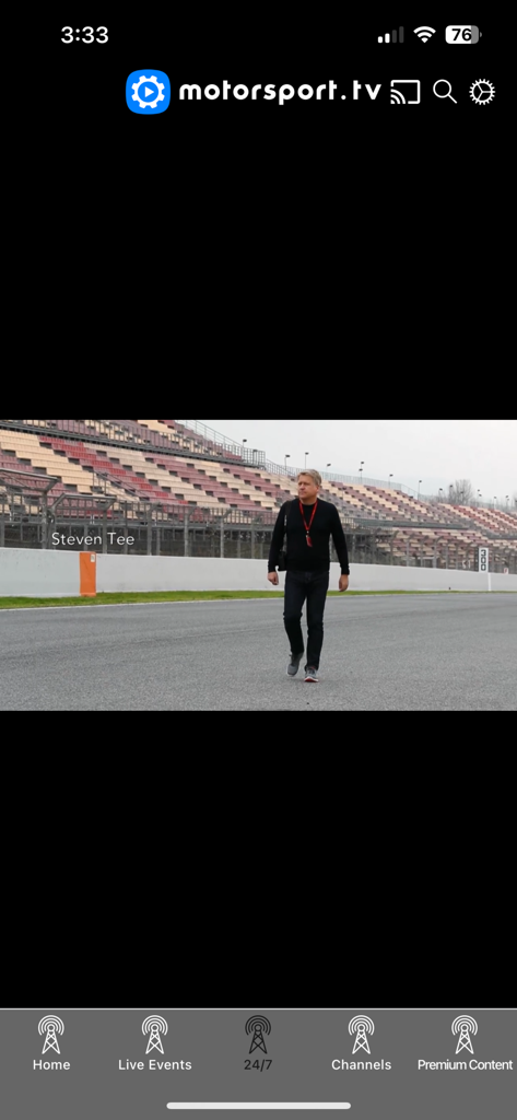 Motorsport.tv mobile app interface showing a racing documentary on a race track.