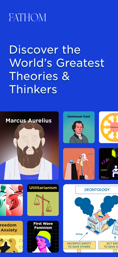 Una colección de coloridas ilustraciones que representan grandes filósofos y teorías morales en la aplicación Fathom