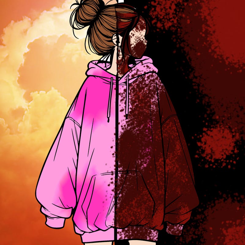 realistic girl with a oversized sweatshirt on and a bun