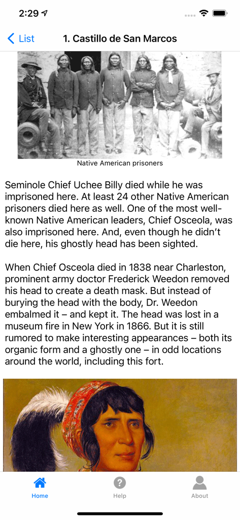 A page from the Ghosts of St Augustine app describing the history and hauntings of Castillo de San Marcos.