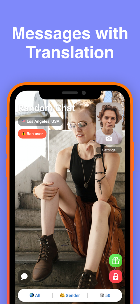 Interfaz de la aplicación Random Chat mostrando una videollamada en vivo entre dos usuarios con funciones de traducción y ubicación.