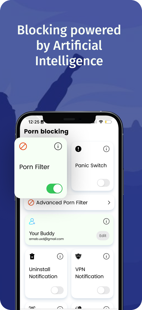 BlockerX: Pornblocker app - BlockerX app interface showing AI powered porn filter and panic switch features