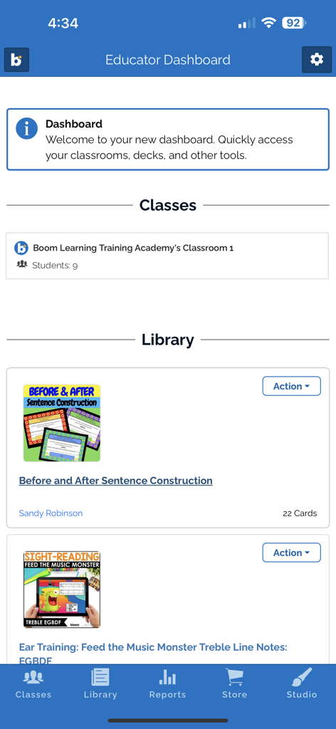 Boom Cards - Educator dashboard in the Boom Cards app showing student classes and a library of educational card decks.