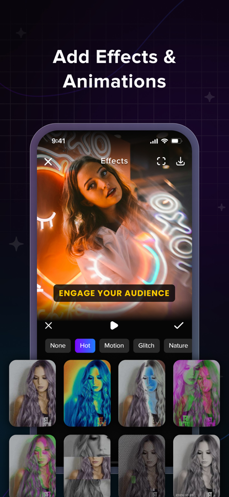 Smartphone screen displaying video effects and animation features in the AI Captions app.
