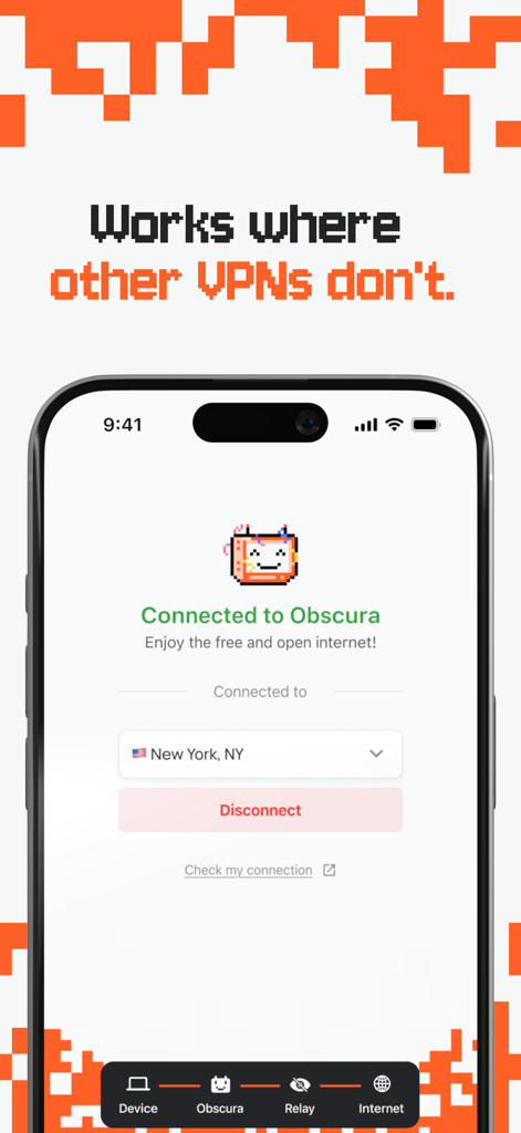 Obscura VPN mobile app interface showing a secure connection to a server in New York