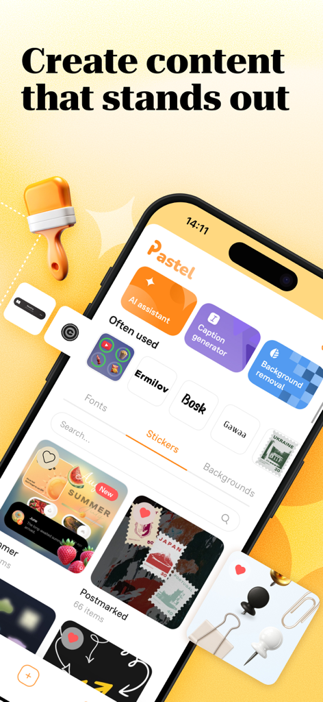 Pastel app mobile interface showing AI tools and aesthetic stickers for social media design