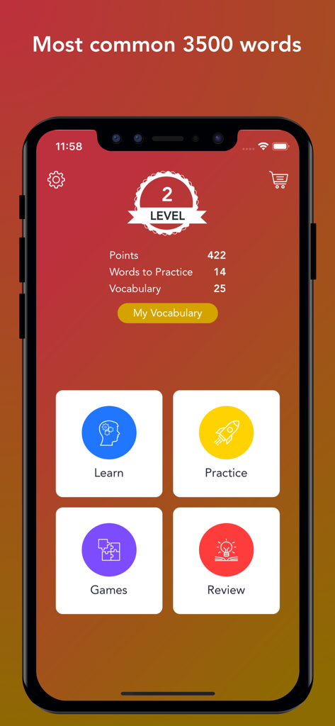 Tobo: Learn Spanish Vocabulary - Tobo Spanish vocabulary app dashboard showing user progress level and menu options for learn, practice, games, and review
