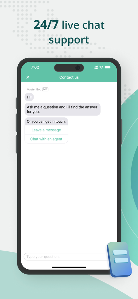 Interfaz de la aplicación VPN Proxy Master que muestra su función de soporte por chat en vivo 24/7 en la pantalla de un smartphone
