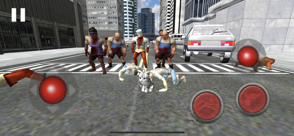 Neko Simulator NekoZ - A cat sitting in a city street surrounded by zombie characters in Neko Simulator NekoZ.