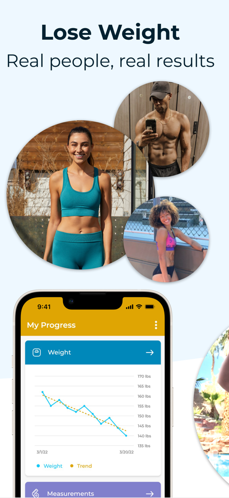 Macrostax: Diet & Meal Planner - Macrostax app screen showing a weight loss trend graph and photos of fit users with the text Real people real results