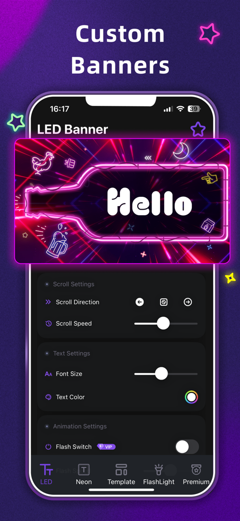 LED Banner - Big Text Scroller - Pantalla de smartphone mostrando personalización de banner de neón con ajustes de desplazamiento y texto