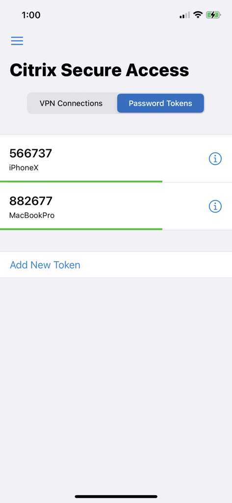 Interfaz de la aplicación Citrix Secure Access que muestra dos tokens numéricos de contraseña de un solo uso para iPhone y MacBook Pro con una opción para agregar nuevos tokens.