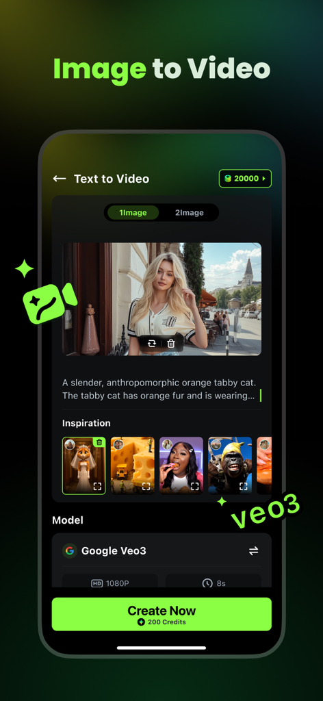 AI Catch: AI Video Generator - AI Catch app interface showing the image to video feature with text prompt and model selection