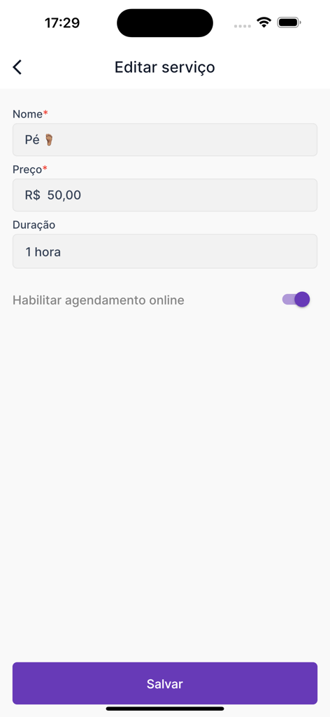 Interfaz de la aplicación móvil Salão 365 que muestra la pantalla de edición de servicio con campos para nombre, precio y duración
