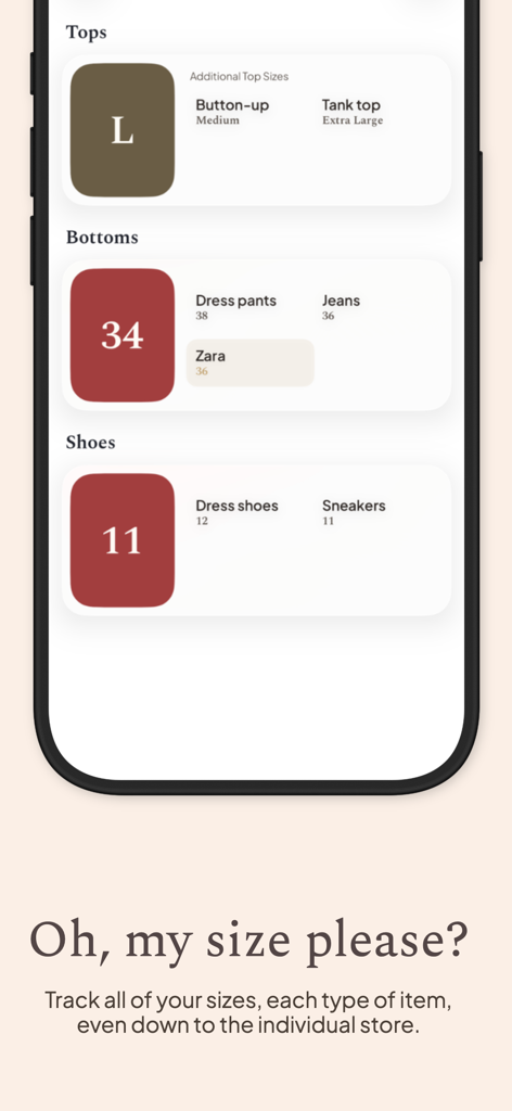 Shoppy - Fashion Search - Interfaz móvil de la aplicación Shoppy que muestra el seguimiento de tallas personalizado para partes superiores, inferiores y zapatos