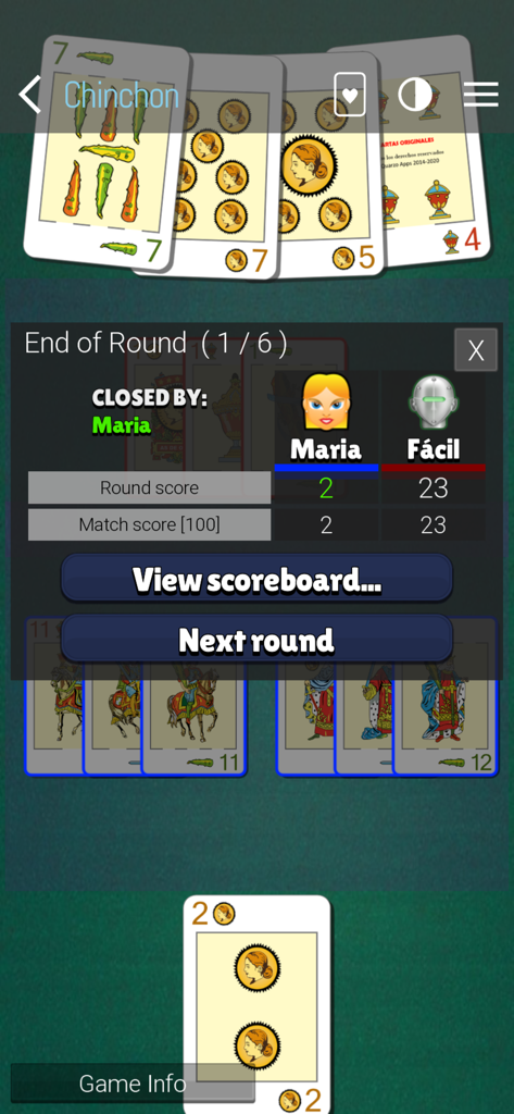 Marcador final de ronda en el juego Chinchon cards mostrando puntuaciones de jugadores y cartas de baraja española.
