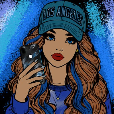 realistic beautiful girl wearing los ángeles cap holding an iphone