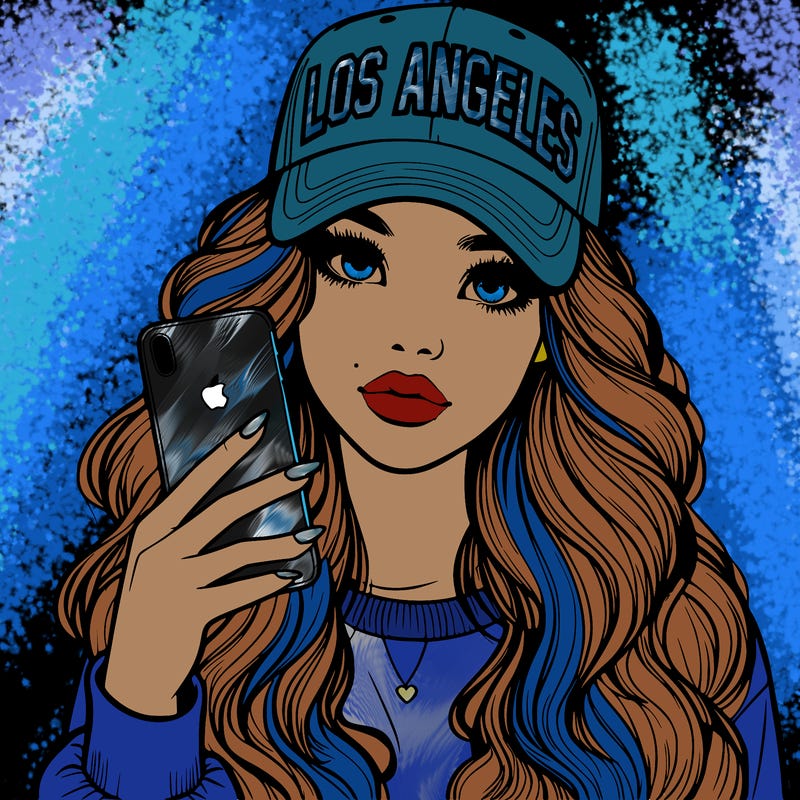 realistic beautiful girl wearing los ángeles cap holding an iphone