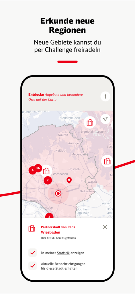 DB Rad+ Prämien für Kilometer - Interfaz de la aplicación DB Rad plus que muestra un mapa de Wiesbaden con ubicaciones de recompensas de ciclismo y desafíos regionales
