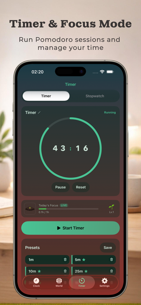 Flipora app timer and focus mode screen showing a Pomodoro countdown on iPhone