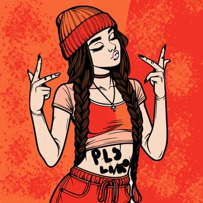 realistic teenage girl with braids and a beanie and crop top doing 🫶🏼