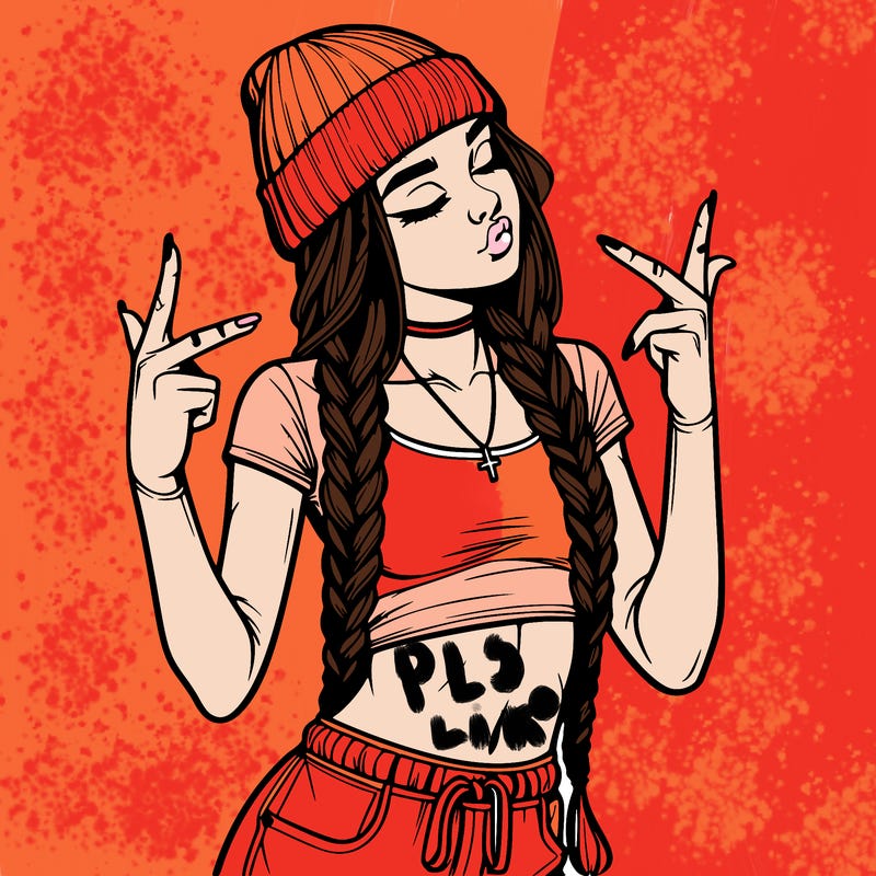 realistic teenage girl with braids and a beanie and crop top doing 🫶🏼