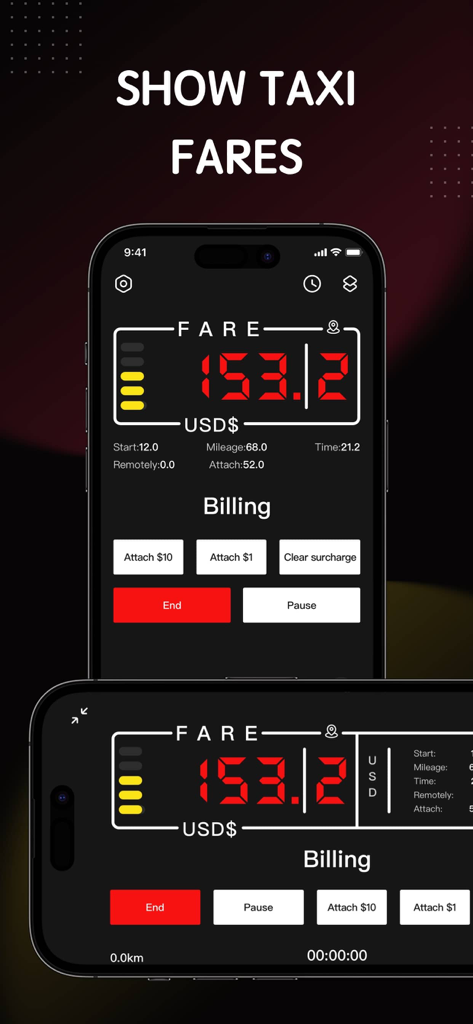 Taxi Meter & GPS Speedometer - Digital taxi meter interface showing a real time fare of 153.20 USD on a smartphone